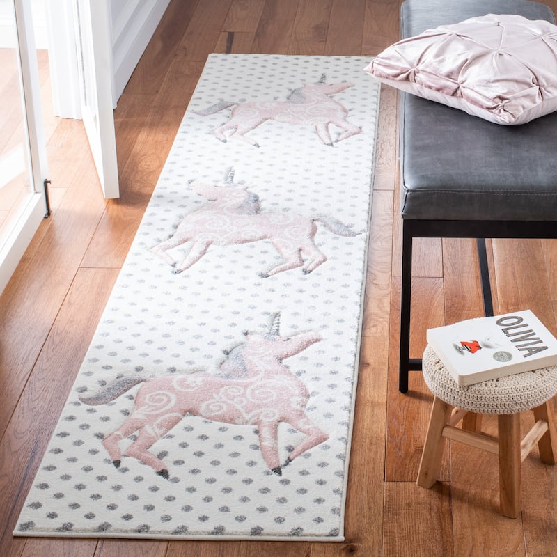 SAFAVIEH, Carousel Kids Mareke Unicorn Rug - 2' x 8' Runner - Ivory Grey/Pink