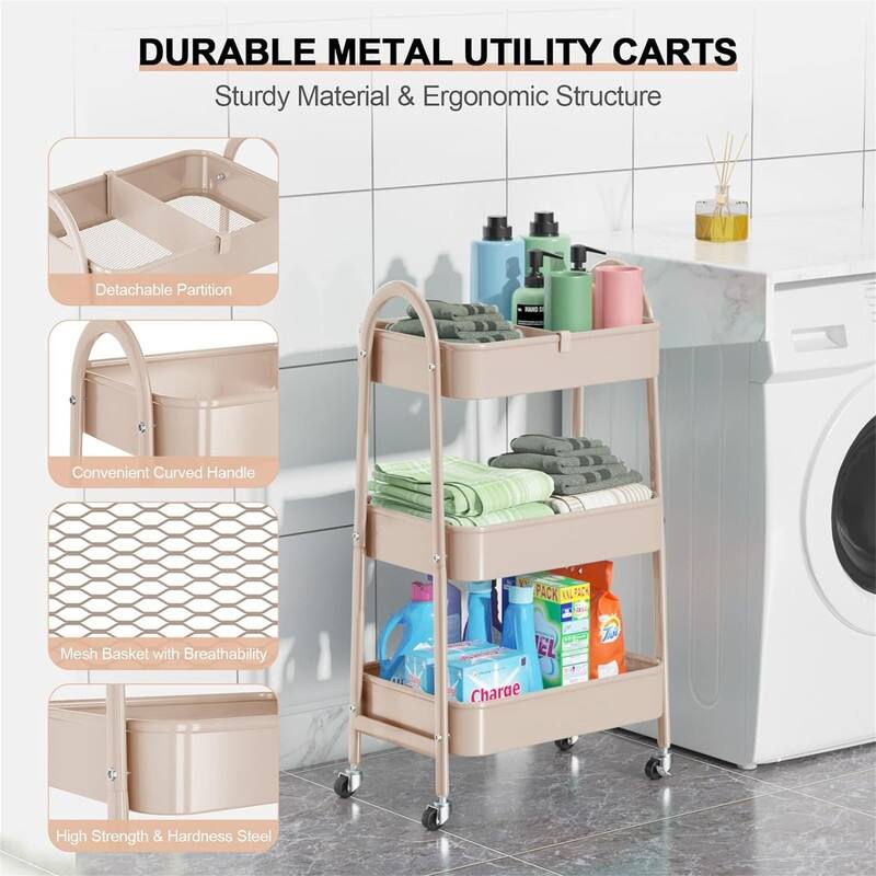 3 Tier Utility Rolling Cart - 15.94"D x 12.4"W x 30.51"H