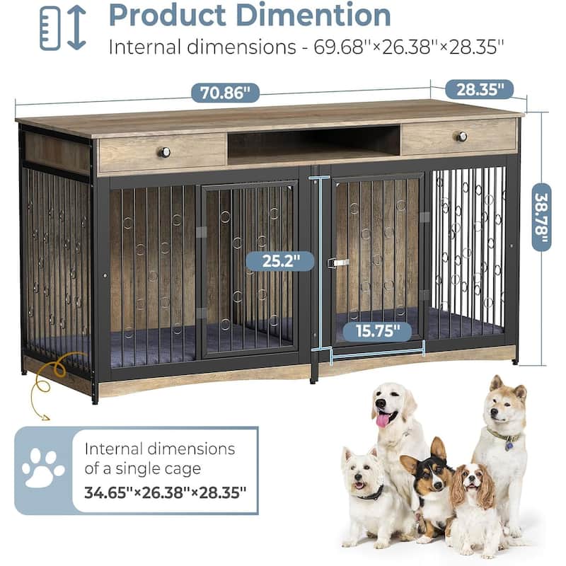 70.86'' Dog Crate Furniture Large Breed TV Stand with 2 Drawer & Double Rooms