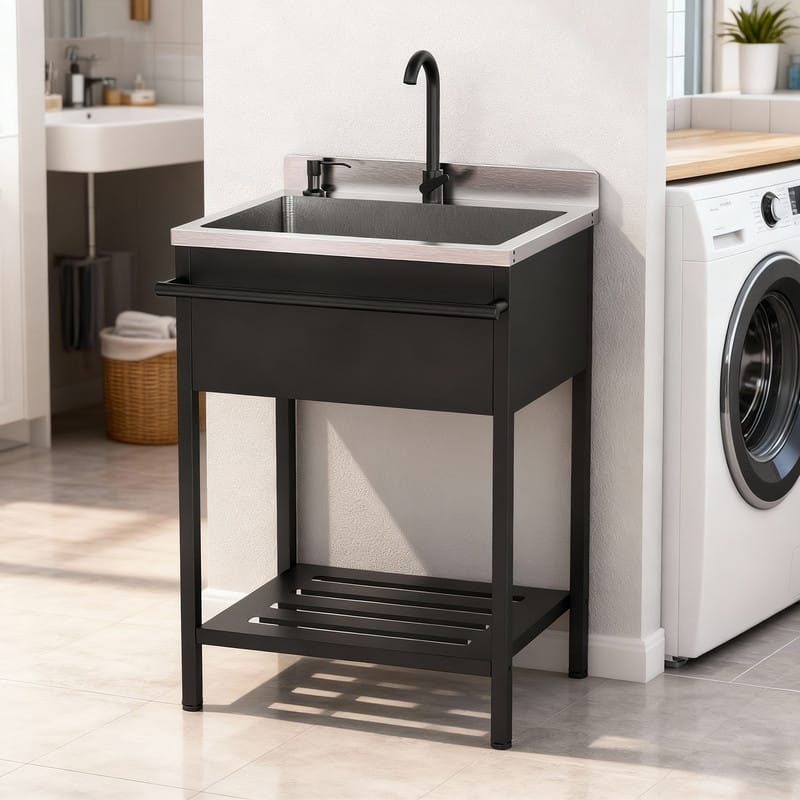 25.7 In. Freestanding Stainless Steel Utility Sink With Towel Rack And Storage Shelf