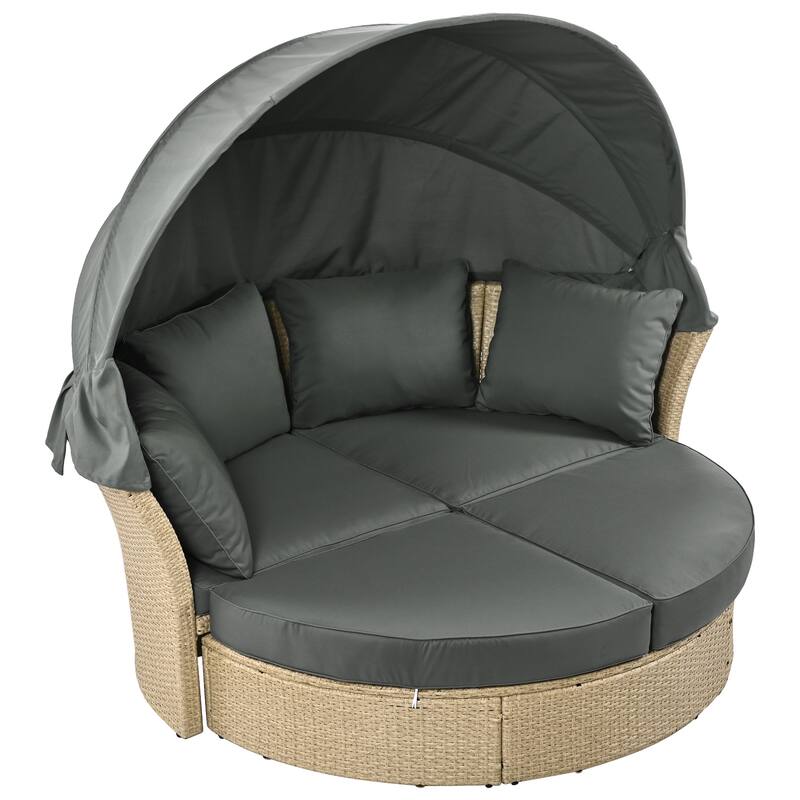 Outdoor 57" PE Rattan Round Daybed Sunbed with Canopy & 4 Pillows