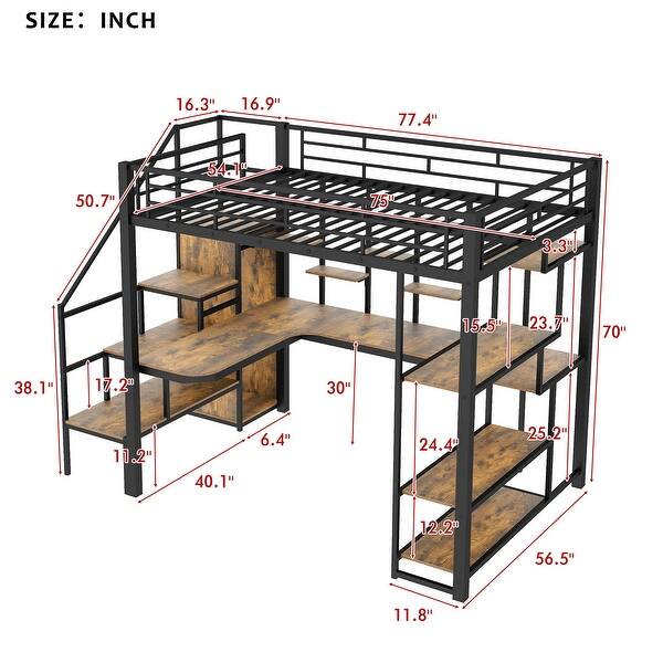 dimension image slide 0 of 2, Full Size Metal Loft Bed with Storage Staircase, Small Wardrobe, and Desk