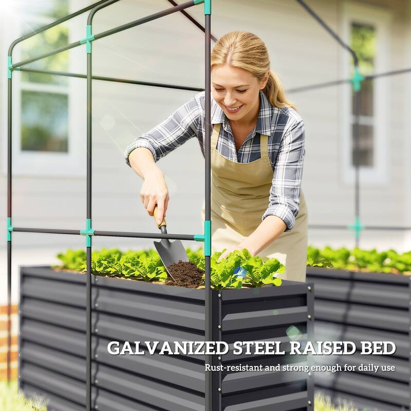 Outsunny Greenhouse with Raised Garden Bed, 56" x 56" x 75" Galvanized Steel Planter Box with PE Cover