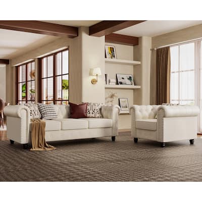 Classic Tufted Velvet Upholstered Chesterfield Club Chair and Sofa 2 Pieces with Nailhead for Living Room by Morden Fort