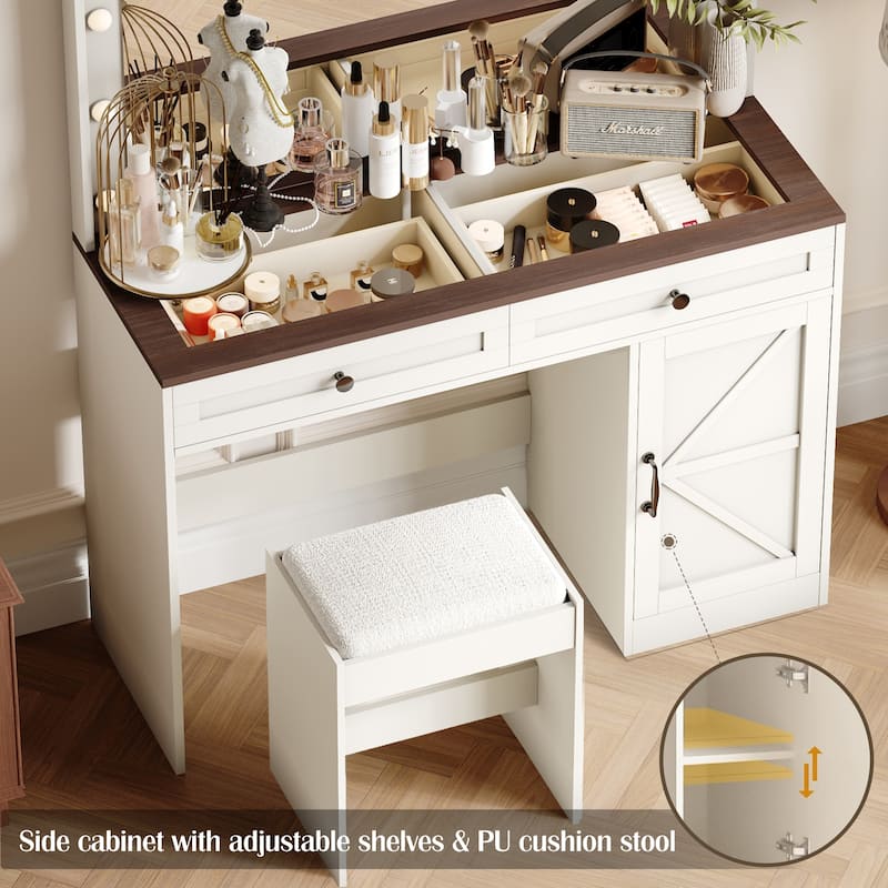 43.4" Vanity Table with 3 Drawers & Large Mirror, 11 LED Lights & Adjustable Brightness(Stool Included)
