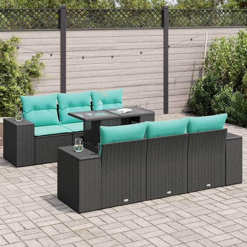 vidaXL 7 Piece Patio Sofa Set with Cushions Black Poly Rattan Acacia - 21.7 x 24.4 x 27.2