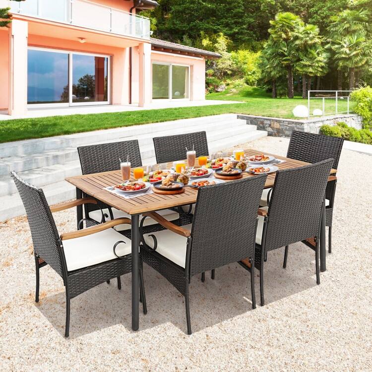 Patio Wicker Dining Set with Detachable Cushion and Umbrella Hole - 63" x 36" x 30" (L x W x H)