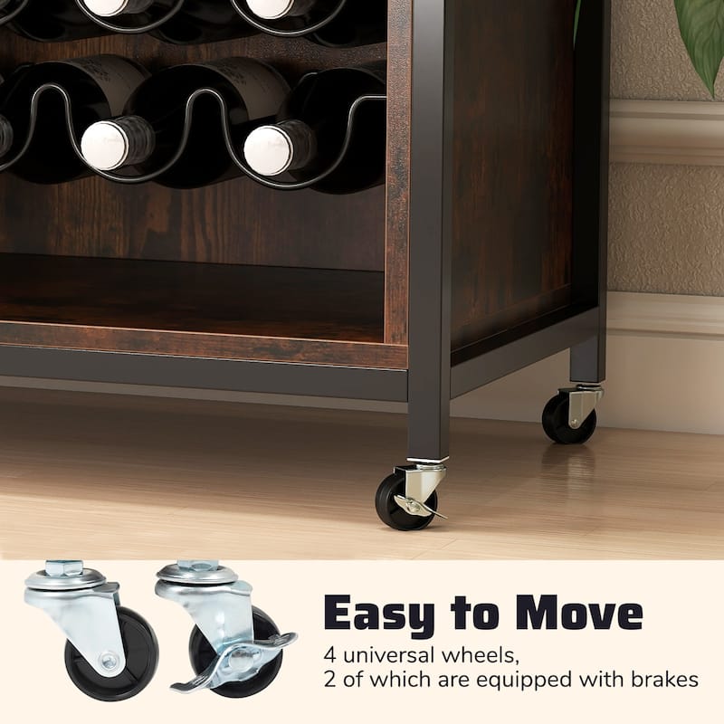 Rustic Brown Mobile Wine Cabinet with LED Lighting, Remote Control Glass Door and Sturdy Metal Frame - 42.5" × 16" × 32"