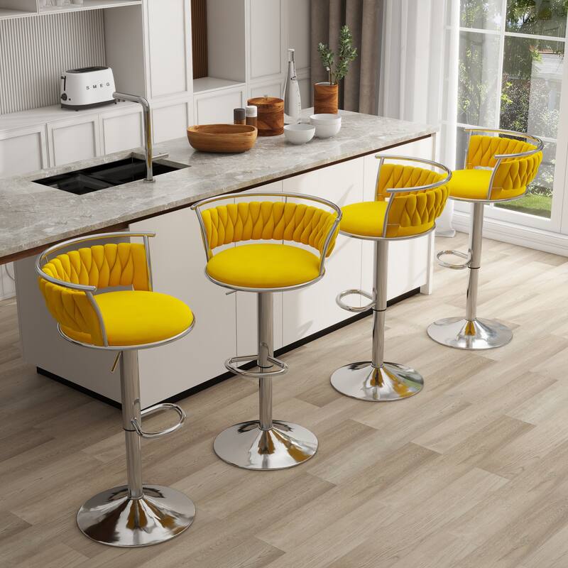 4 Set Modern Velvet Adjustable Swivel Bar Stools with Metal Frame