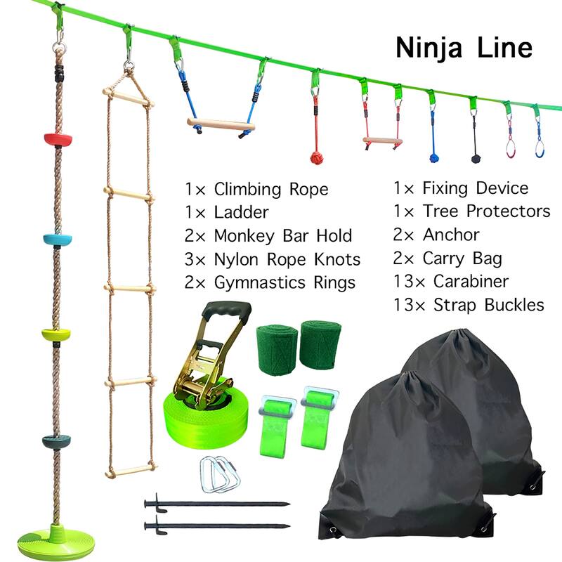 50ft Ninja Slackline Jungle Swing Gym Ninja Warrior Obstacle Course for Kids with Climbing Rope Disc Swing Set - 50ft
