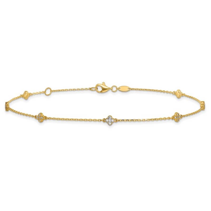 Curata 14k Yellow Gold 10+1" Cubic Zirconia Flower Station Anklet (Lobster-claw)