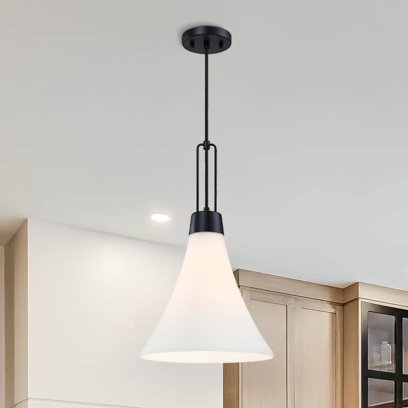 Evergreen Oasis 60 Watt 1-Light Matte Black Down Pendant Light with Etched Opal Glass Shade - 20