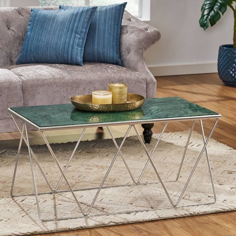 Roomfitters Modern Accent Coffee Table with Faux Green Marble Glass Top, Geometric Silver Metal Frame, Contemporary Style - Green
