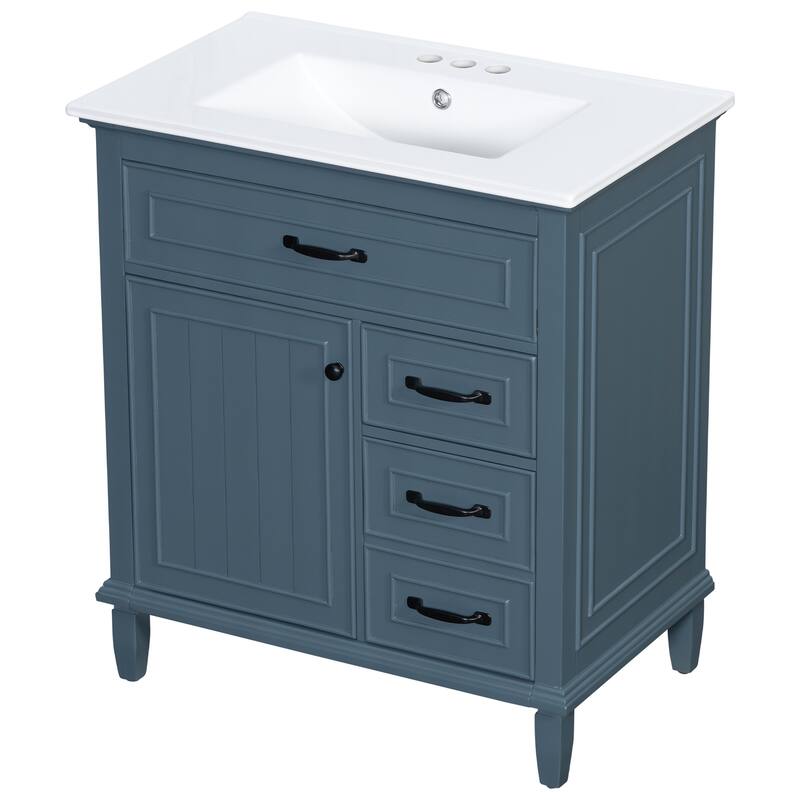 30 Inch Bathroom Vanity with Ceramic Sink Top, Flip Drawers, Freestanding Storage Cabinet (Faucet Not Included)