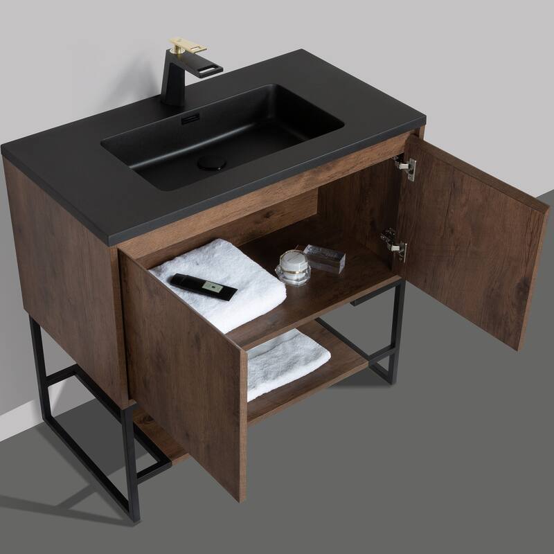 Freestanding Bathroom Vanity Set in Rose Wood with Integrated Solid Surface Sink