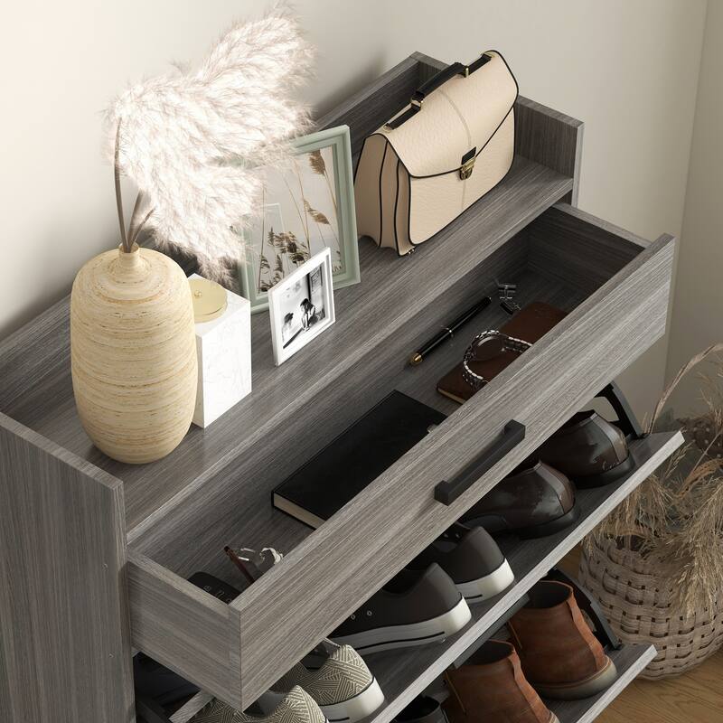 HOMCOM 2 Flip Drawers Shoe Storage Cabinet with Adjustable Shelves, and Top Drawer