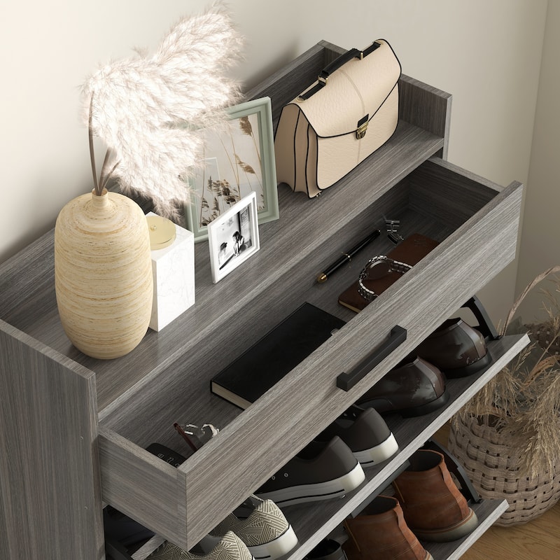 Narrow Shoe Cabinet, with 2 Flip Drawers, Adjustable Shelves and Top Drawer, Hidden Shoe Storage for 12 Pairs of Shoes