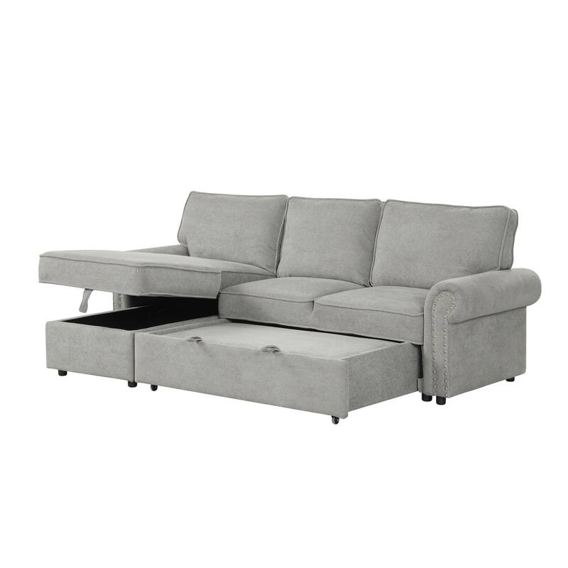95" Convertible Sectional Sleeper Sofa with Storage Chaise, Pull-Down Tray & Cup Holders, Acacia Wood Frame (Polyester)