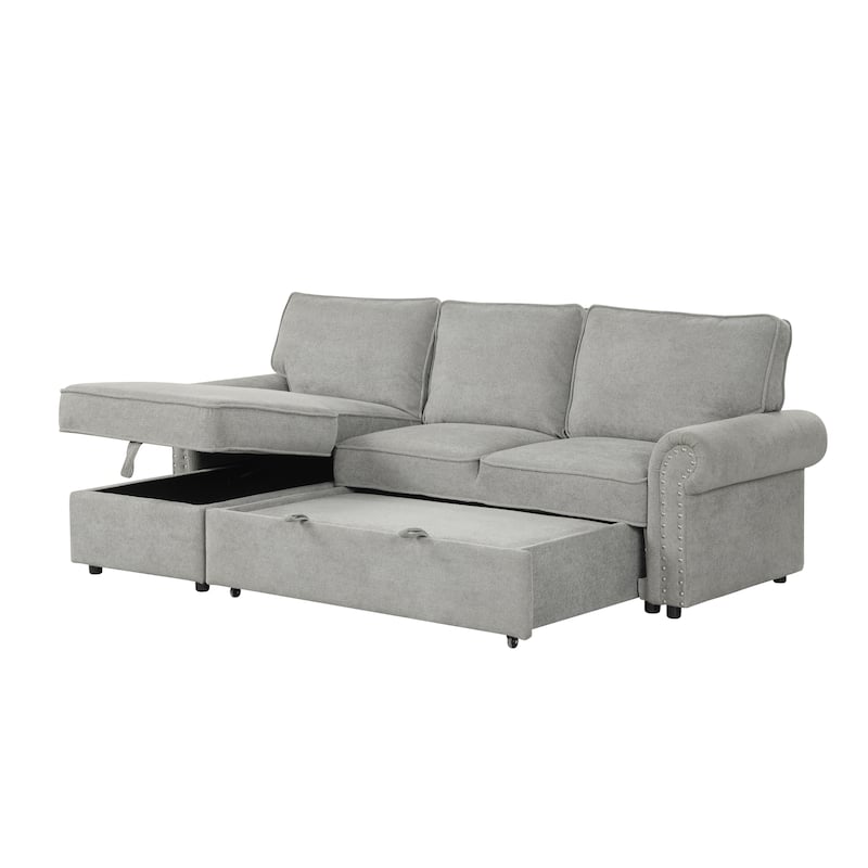 Convertible Sectional Sleeper Sofa with Storage Chaise, Pull-Down Backrest, Dual Cup Holders, Arc Armrests and Nailhead Trim