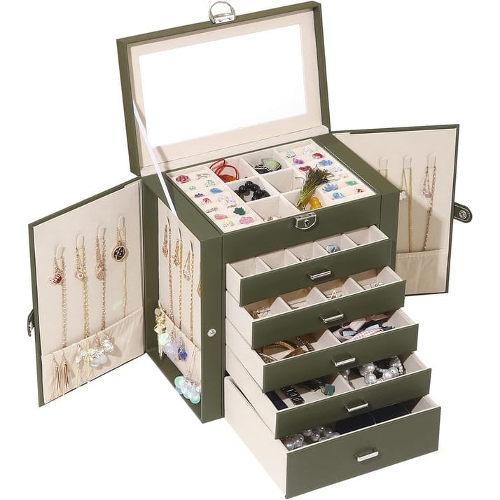 6 Layer Large Jewelry Organizer With Mirror - 6.6"D x 10.6"W x 11"H - Green