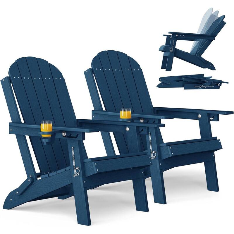 WINSOON Outdoor All-Weather HDPE Folding Adirondack Chair with Cup Holder & Adjustable Back Set of 2 - Navy