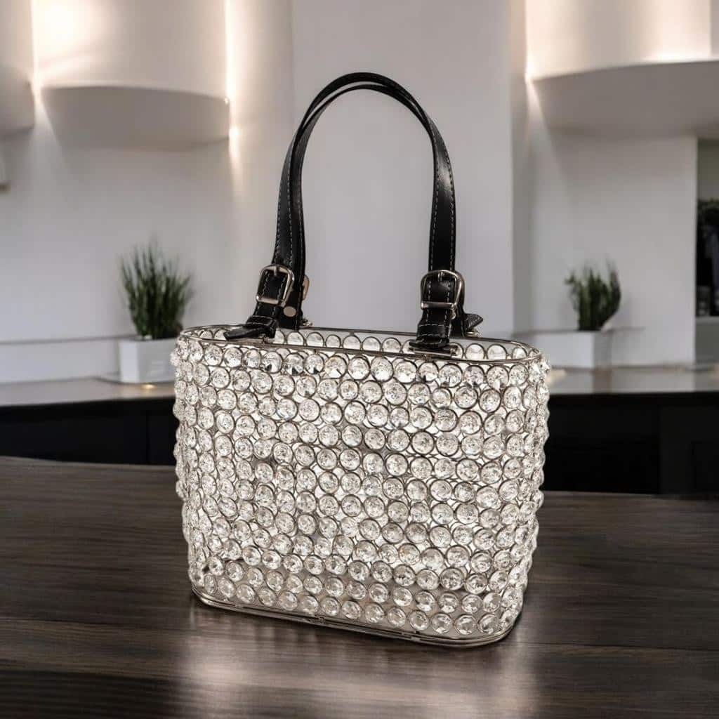 HomeRoots 11" Clear And Silver Faux Crystal And Metal Handbag Shaped Magazine Holder
