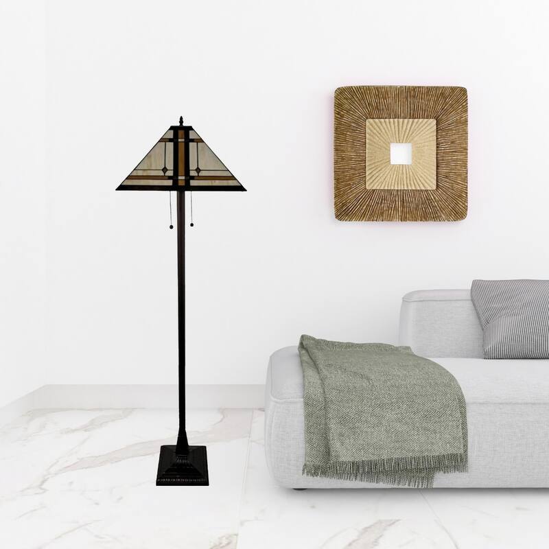 Brown Metal Traditional Floor Lamp with Stained Glass Shade and Pull Chain - 17” x 17” x 62” (D x W x H)