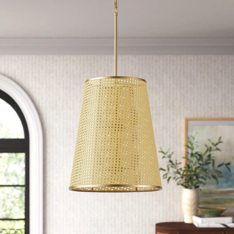 Farmhouse Gold 6-Light Pendant Light Fixture with Plastic Woven Lampshade