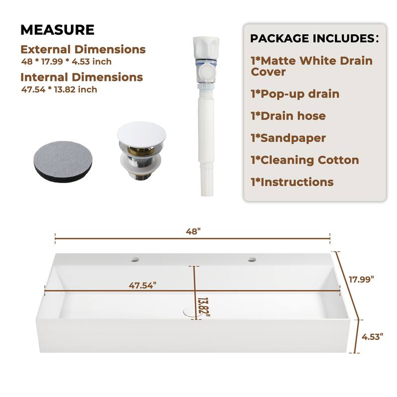Solid Surface Wall-Mounted Rectangular Bathroom Sink with Pop-Up Drain, Modern Floating Wash Basin with Center Drain