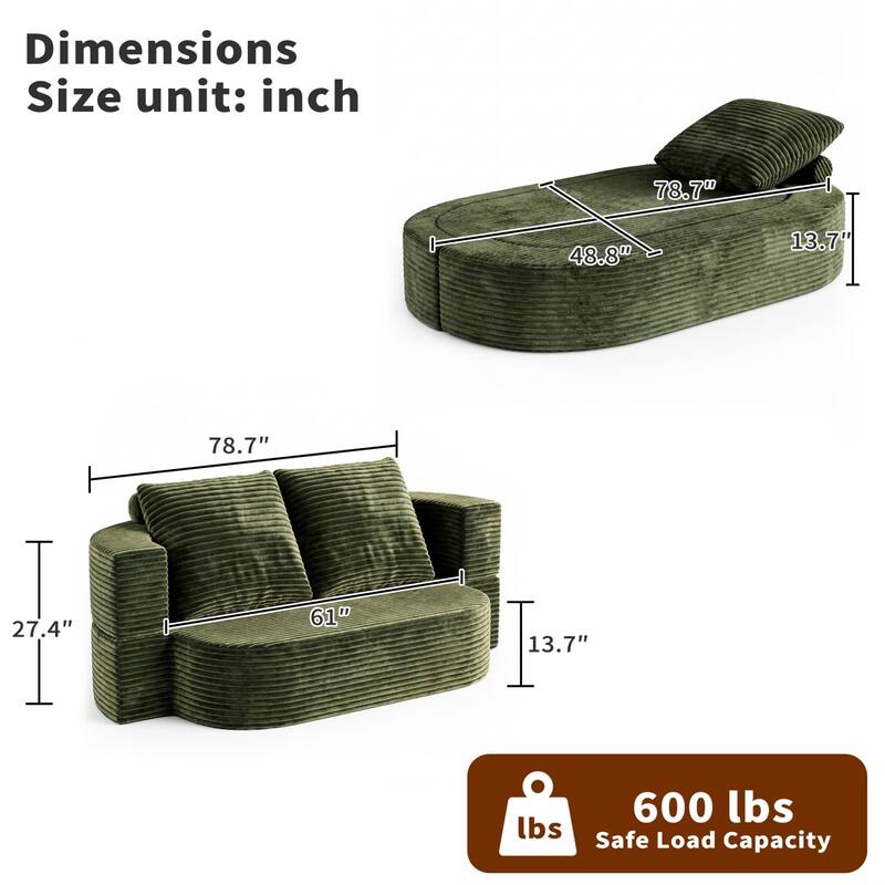 78.74" Corduroy 2-in-1 Convertible Sofa, No Assembly Required