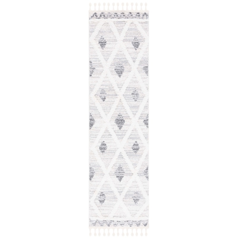 SAFAVIEH Moroccan Tassel Shag Massouma 2-inch Thick Rug - 2'3" x 8' Runner - Beige/Grey