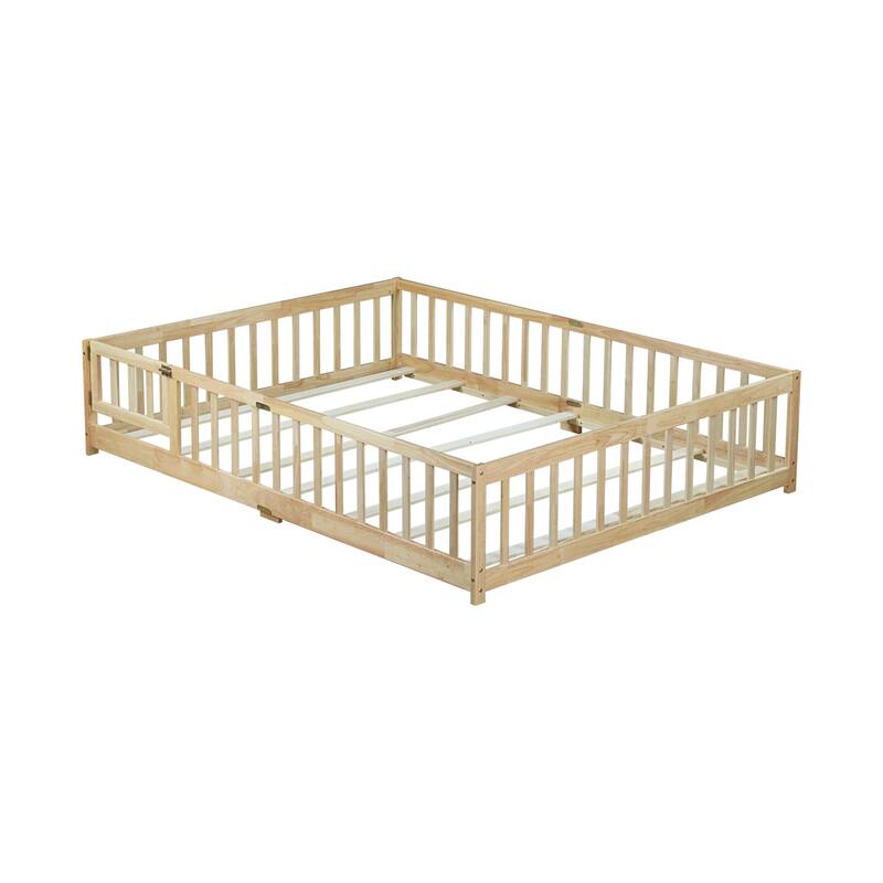 Roomfitters Queen Floor Bed with Surround Fence and Swing Door, Rubber Wood Platform with Guardrails and Slats, Natural