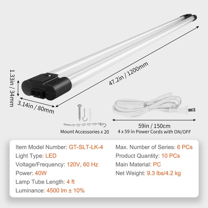 LED Shop Light, 4 FT, 40W Linkable Shop Light Fixture, 4500 LM Surface & Hanging Mount Ceiling Lights 59 in Power Cords