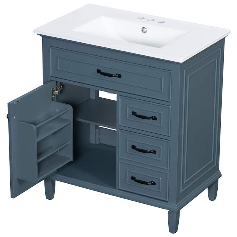 30 Inch Bathroom Vanity with Ceramic Sink Top, Flip Drawers, Freestanding Storage Cabinet (Faucet Not Included)