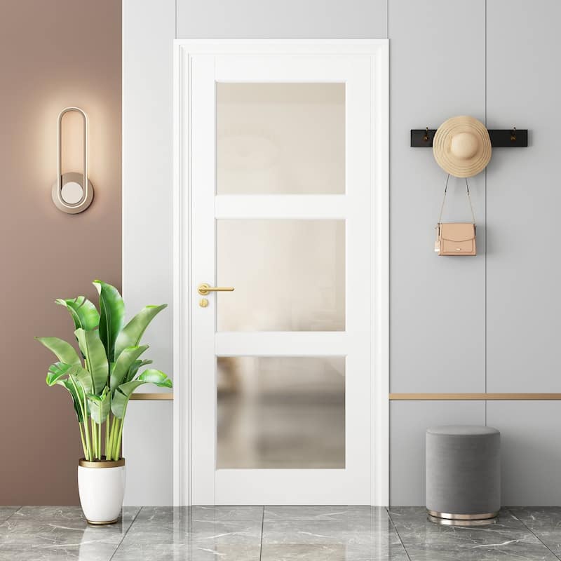 80"H 3 Lite Frosted Glass French White Prefinish Paintable Doors Pantry Laundry Closet Shaker French Interior Slab Door