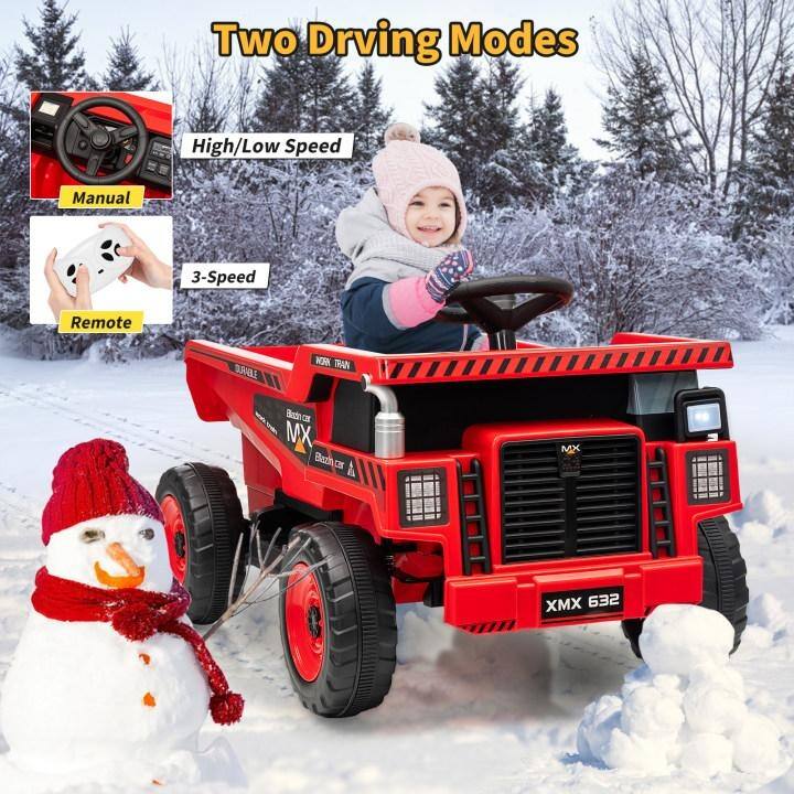 12V Ride-On Dump Truck with Remote Control, Automatic Lift Bed, Shovel & Music Player – for Kids Ages 3–8