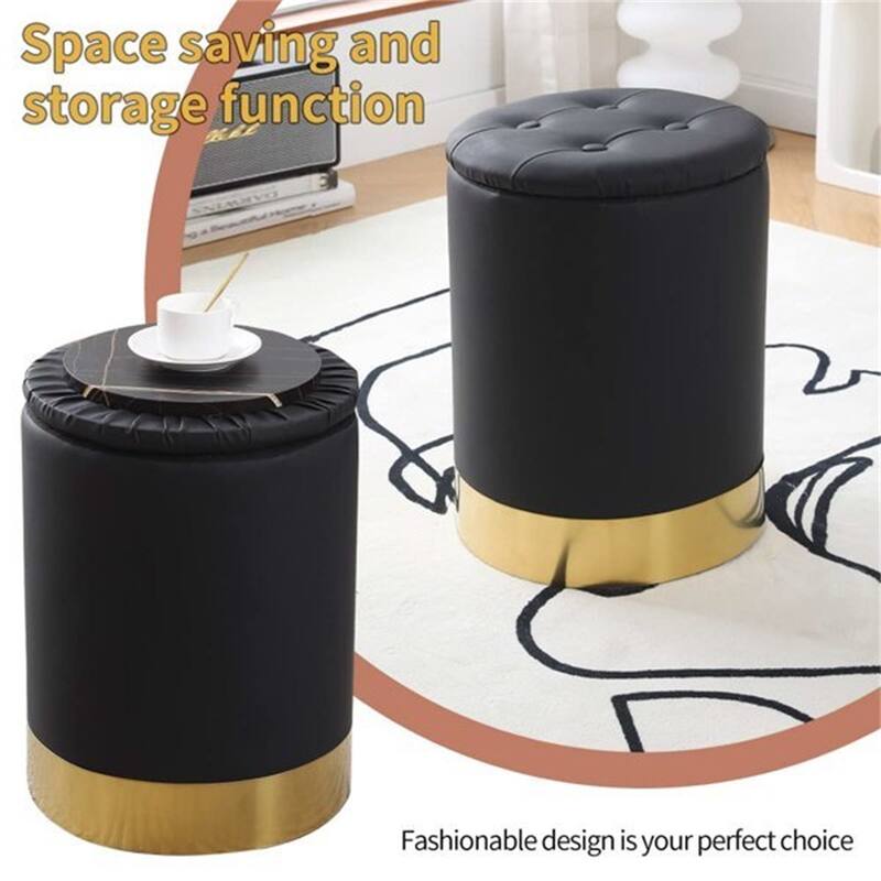 Faux Leather Round Storage Ottoman Foot Stool with Gold-Plated Base