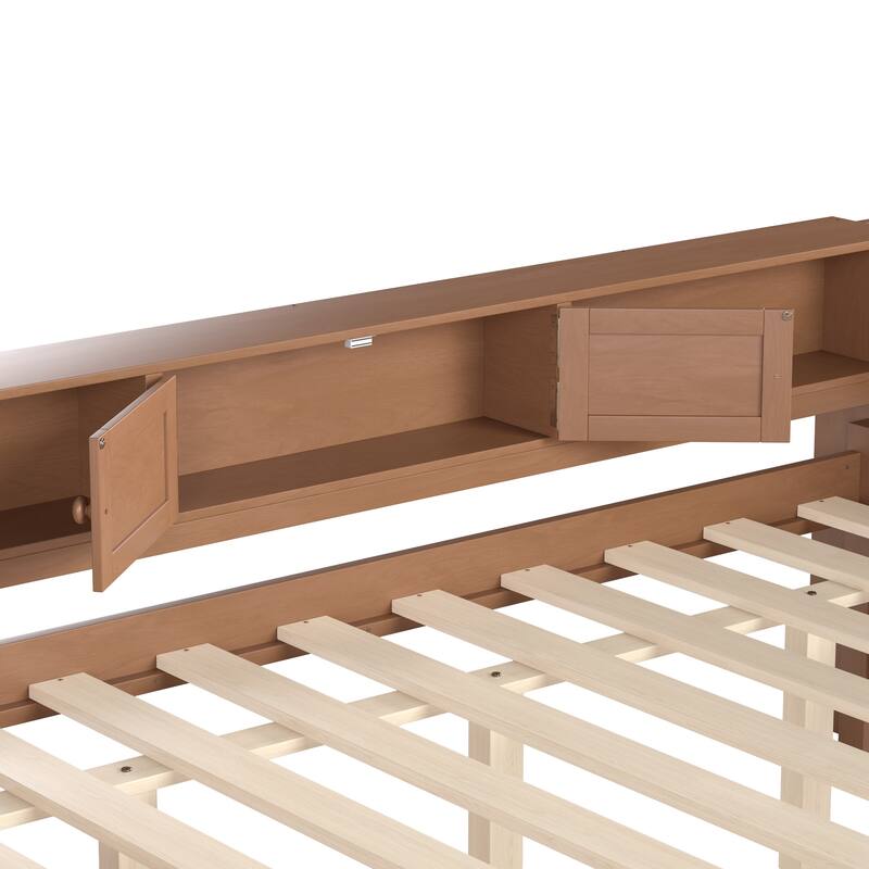 Full/Twin Daybed with Trundle & Storage Drawers - Wood Frame with Side Shelves and Desk