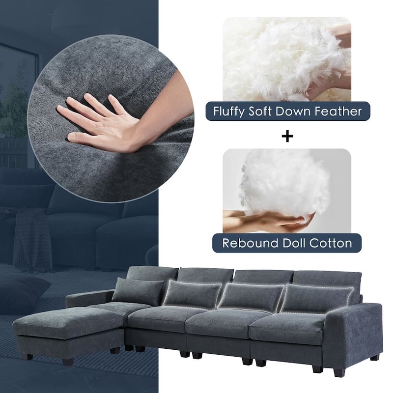 Modern Convertible L-Shaped Linen Feather Filled Reversible Sectional Sofa