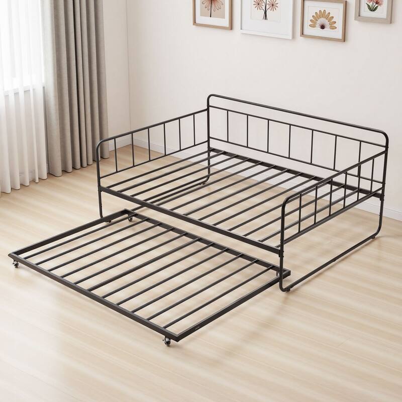 Full Size Daybed Frame with Trundle and Casters for Easy Movement - Black