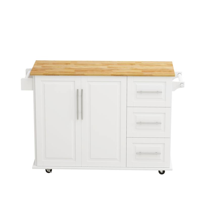 Rolling Kitchen Island Cart with Expandable Solid Wood Top, 2 Door Cabinet, 3 Drawers, Spice & Towel Rack for Kitchen Storage