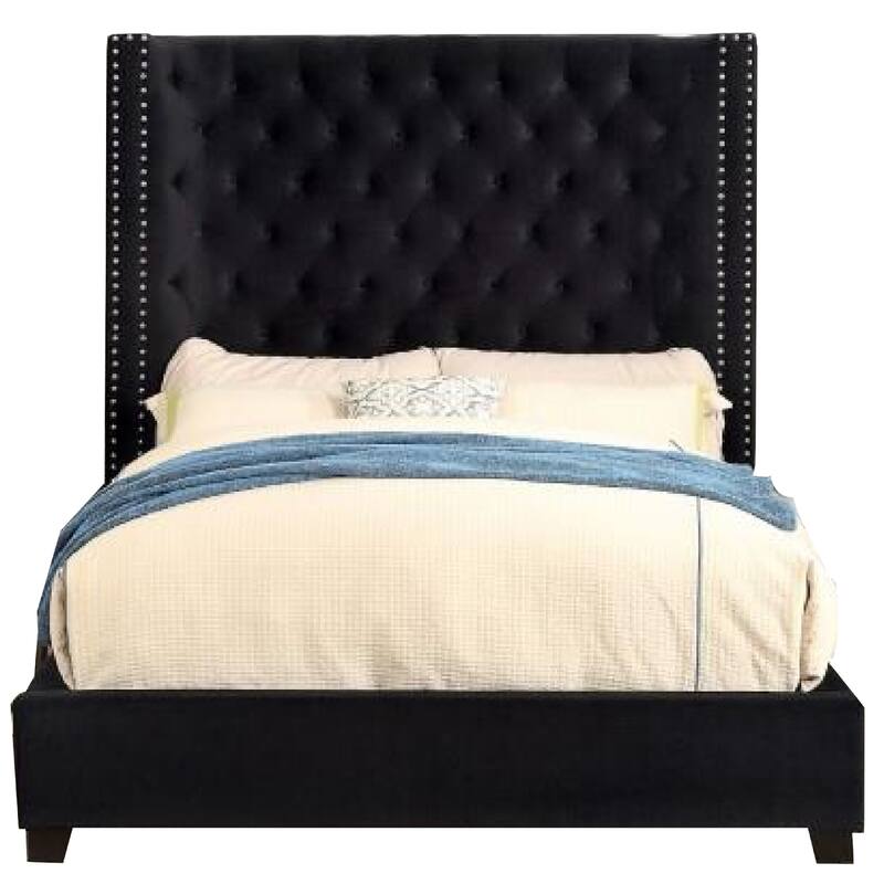 Rozy Queen Bed with Wingback Headboard, Nailhead Trim, Black Upholstery