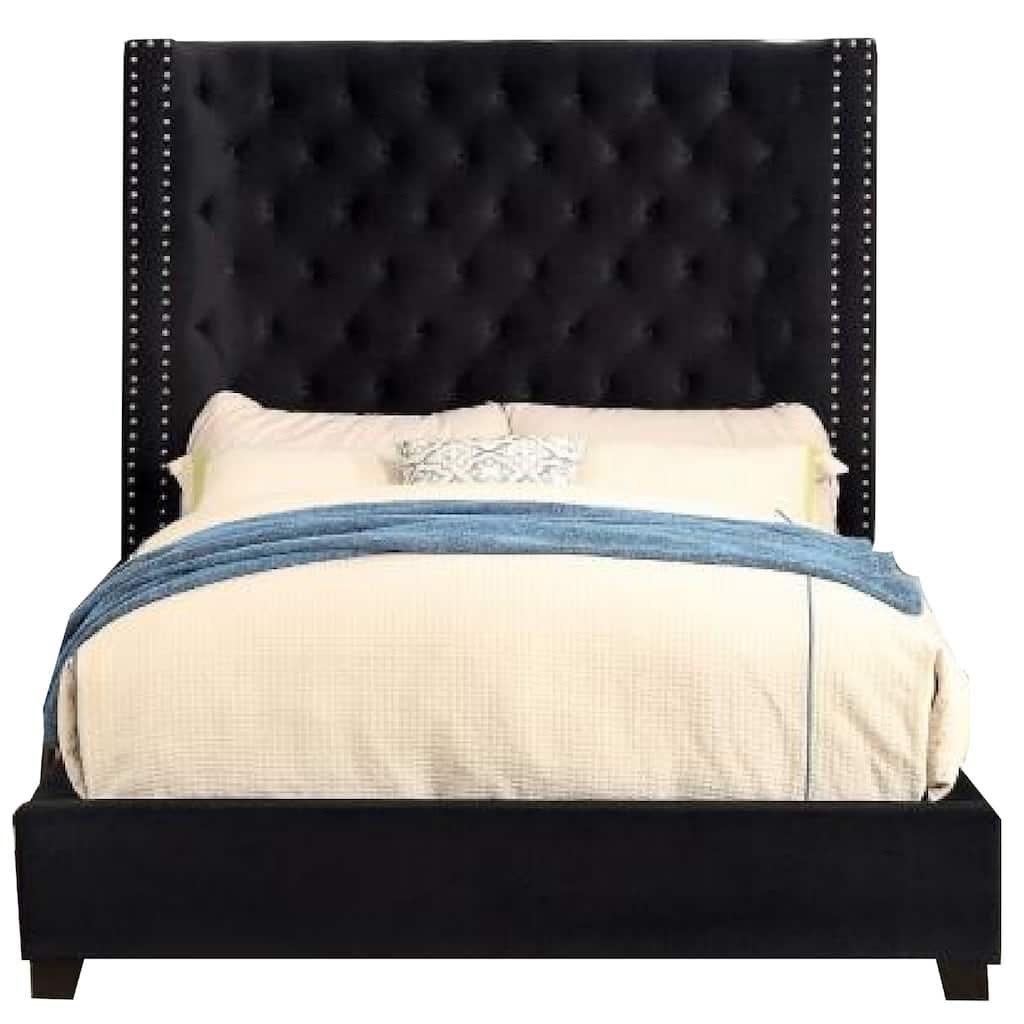 Rozy Queen Bed with Wingback Headboard, Nailhead Trim, Black Upholstery