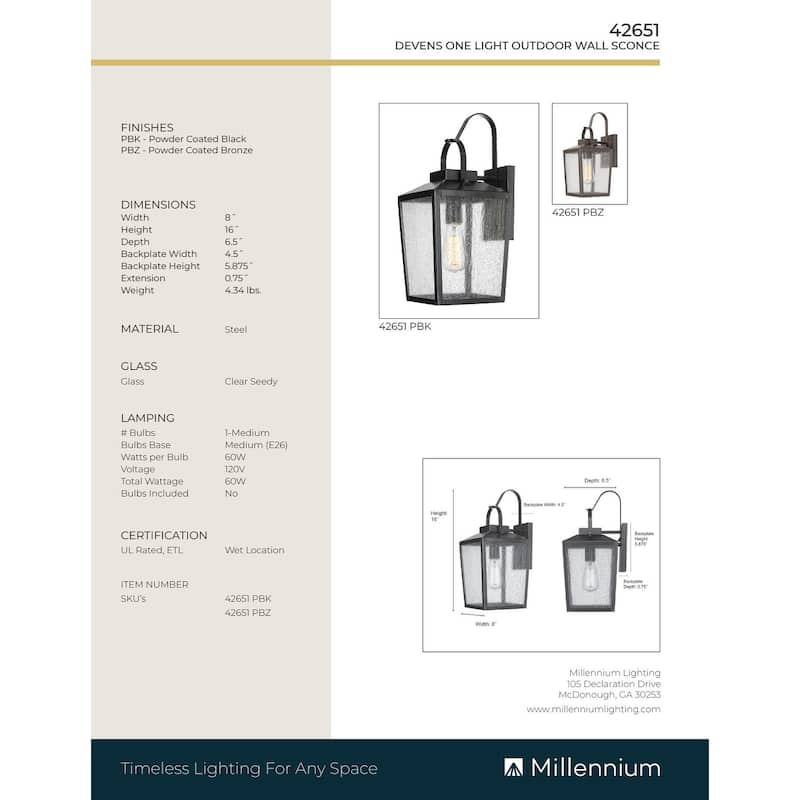 Millennium Lighting Devens 1 Light 16 inch Outdoor Wall Sconce
