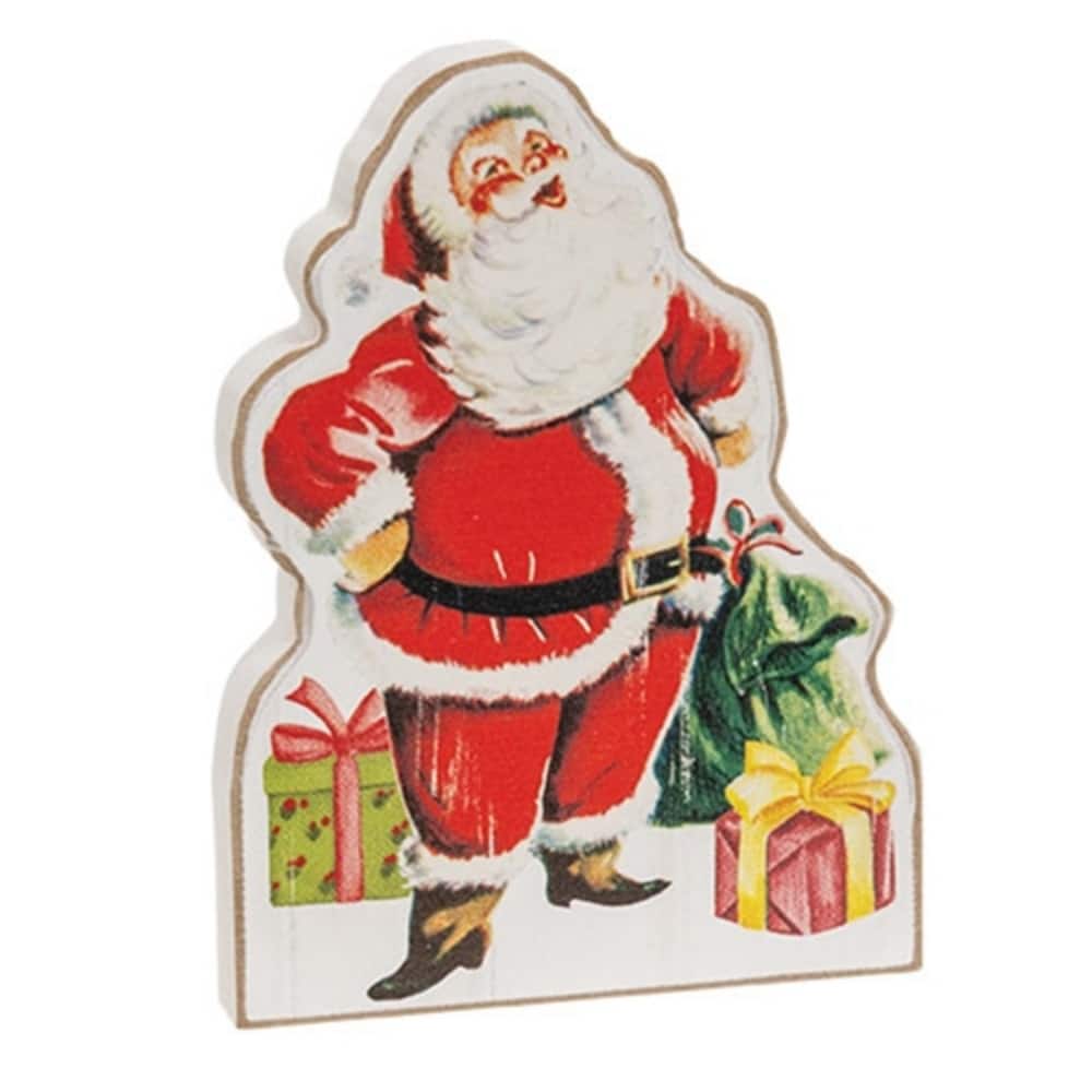 Distressed Wooden Santa Claus Holiday Figurine with Gifts Retro Seasonal Tabletop Ornament - 6.25" H x 4.5" W x .75" D