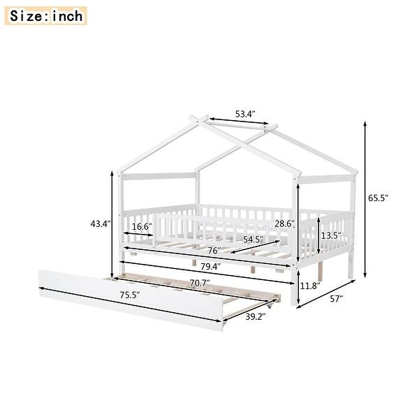 dimension image slide 3 of 4, Full Size Wooden House Bed With Twin Size Trundle