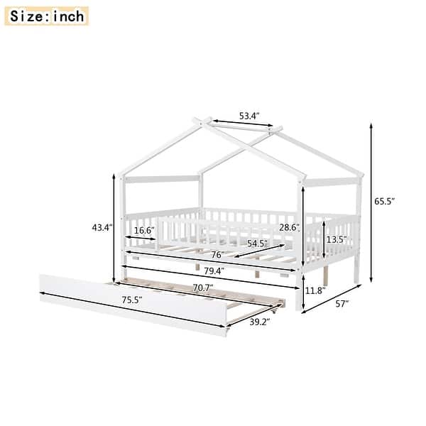 dimension image slide 4 of 8, Twin/Full Wooden House Bed with Trundle - Solid Wood Design