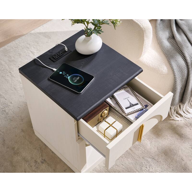 Modern Nightstand w/ Arched Panel, Bedside Table w/ Charging Station