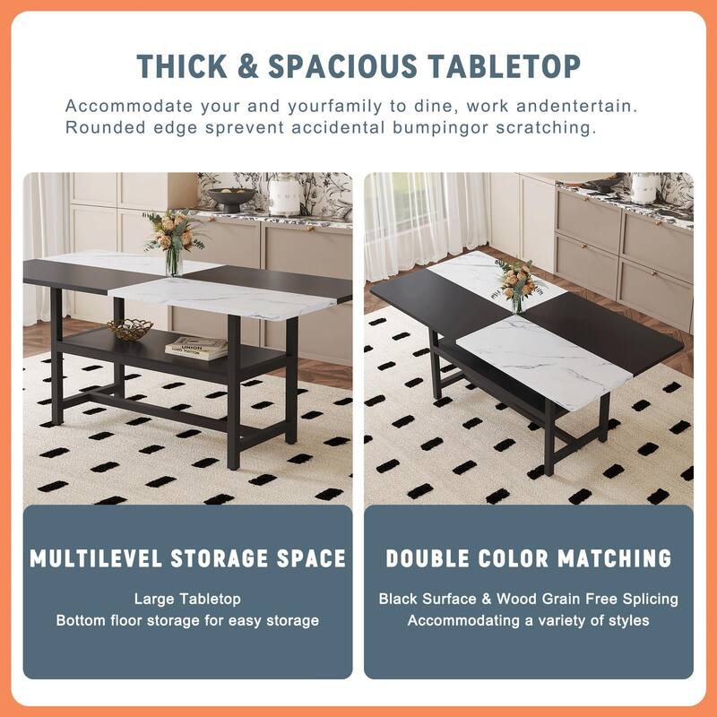 71" Two-Tone Rectangular Dining Table Set with Lower Storage Shelf, Modern Kitchen Dining Table & Chairs Set for Family