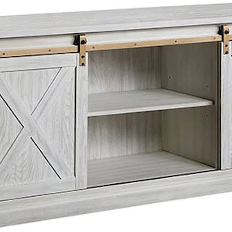 Bego 72 Inch TV Entertainment Console, Sliding Barn Door, Shelves, White